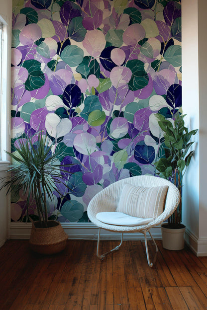 Watercolor Leaf Peel and Stick Wallpaper: Purple Green Botanical Wall Mural
