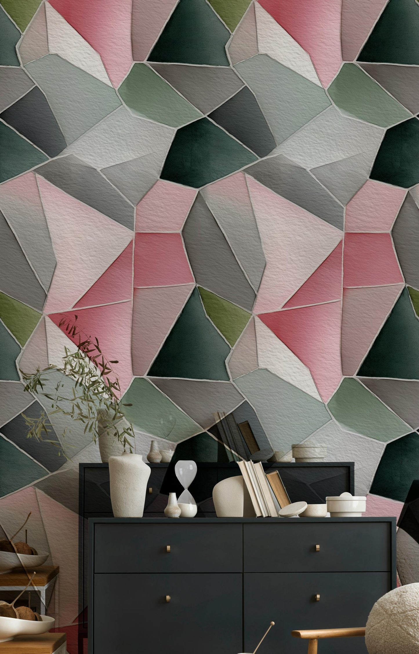 Pink & Gray Geometric Mosaic Wallpaper: Peel and Stick Wall Mural