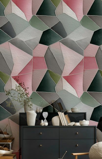 Pink & Gray Geometric Mosaic Wallpaper: Peel and Stick Wall Mural