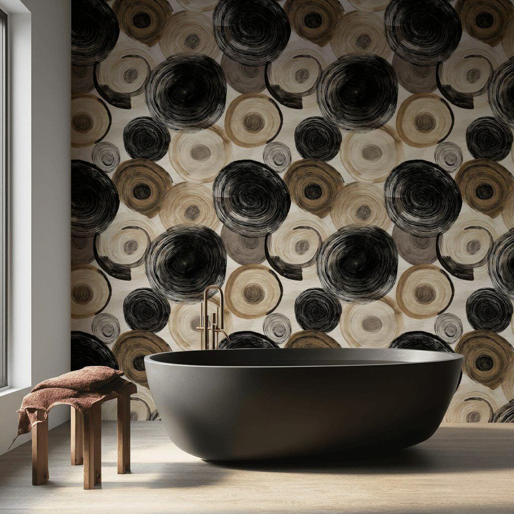 Abstract Swirl Wallpaper Mural: Black Espresso Circles, Hand-Painted Art (Peel & Stick or Unpasted)