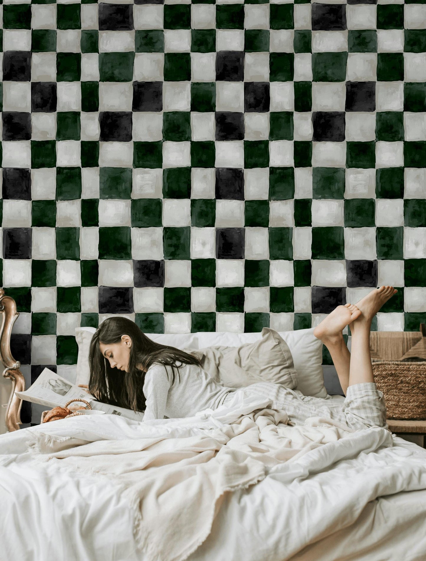 Hand-Painted Checkerboard Wallpaper | Rustic Farmhouse Wall Mural | Green Plaid Peel and Stick Decor