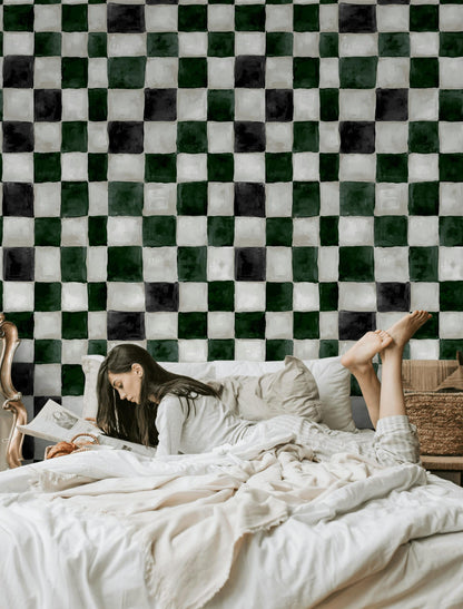 Hand-Painted Checkerboard Wallpaper | Rustic Farmhouse Wall Mural | Green Plaid Peel and Stick Decor