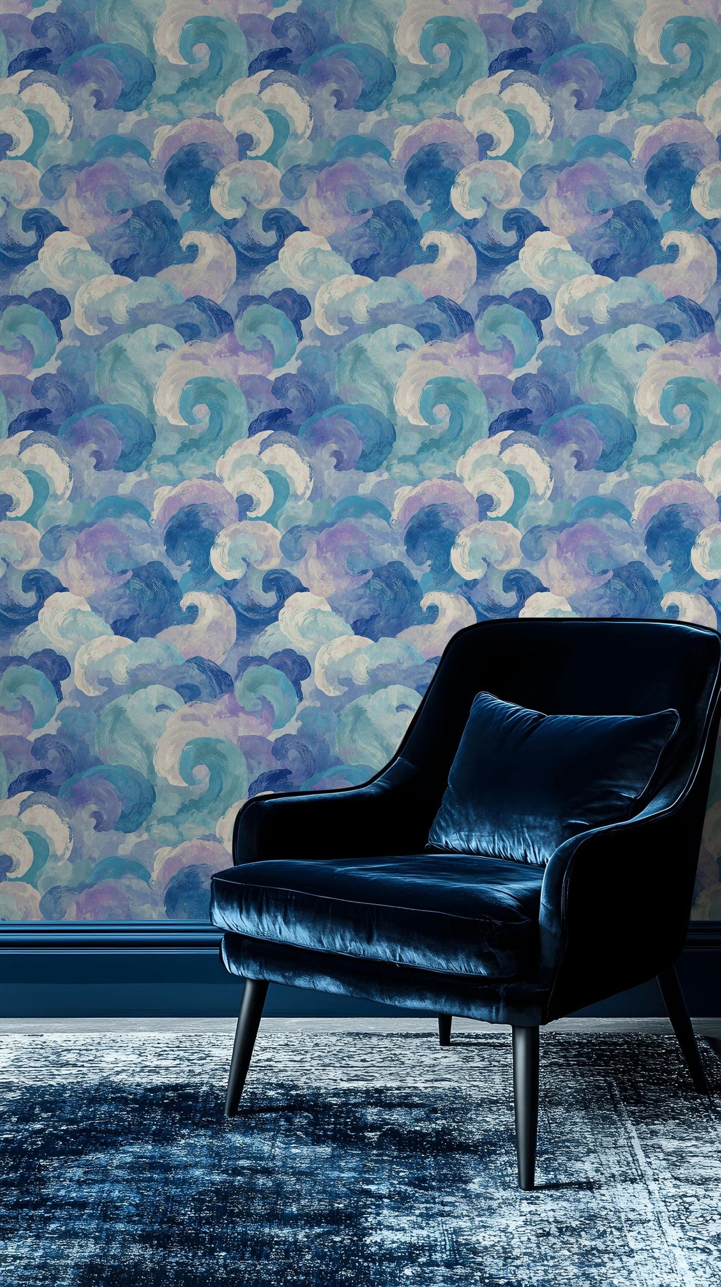 Blue Purple Wave Wallpaper Mural: Abstract Ocean Swirl (Peel & Stick or Unpasted)