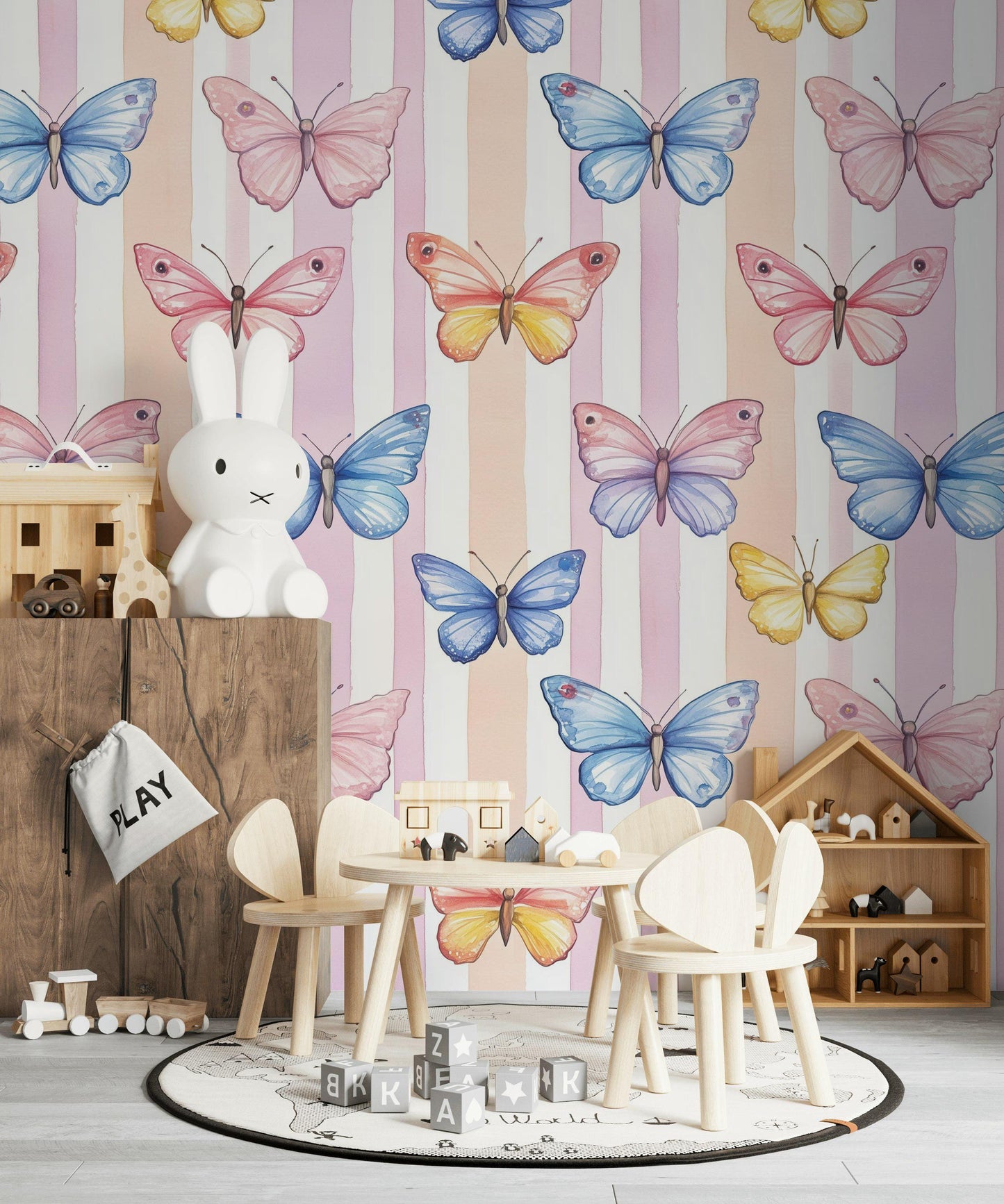 Watercolor Butterfly Wallpaper: Pastel Striped Peel and Stick Nursery Decor