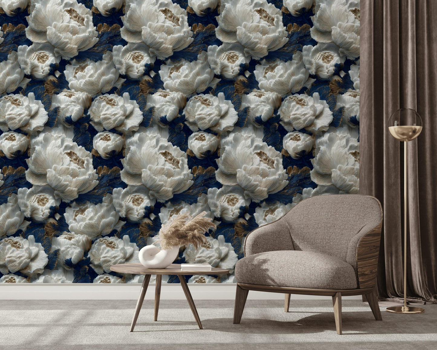 Textured Peony Flower Wallpaper: Navy Blue & Gold Glam Mural