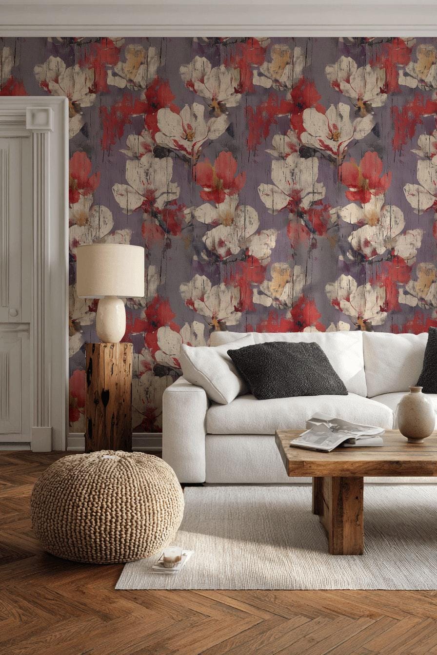 Abstract Floral Peel and Stick Wallpaper: Distressed Wood Texture Wall Mural