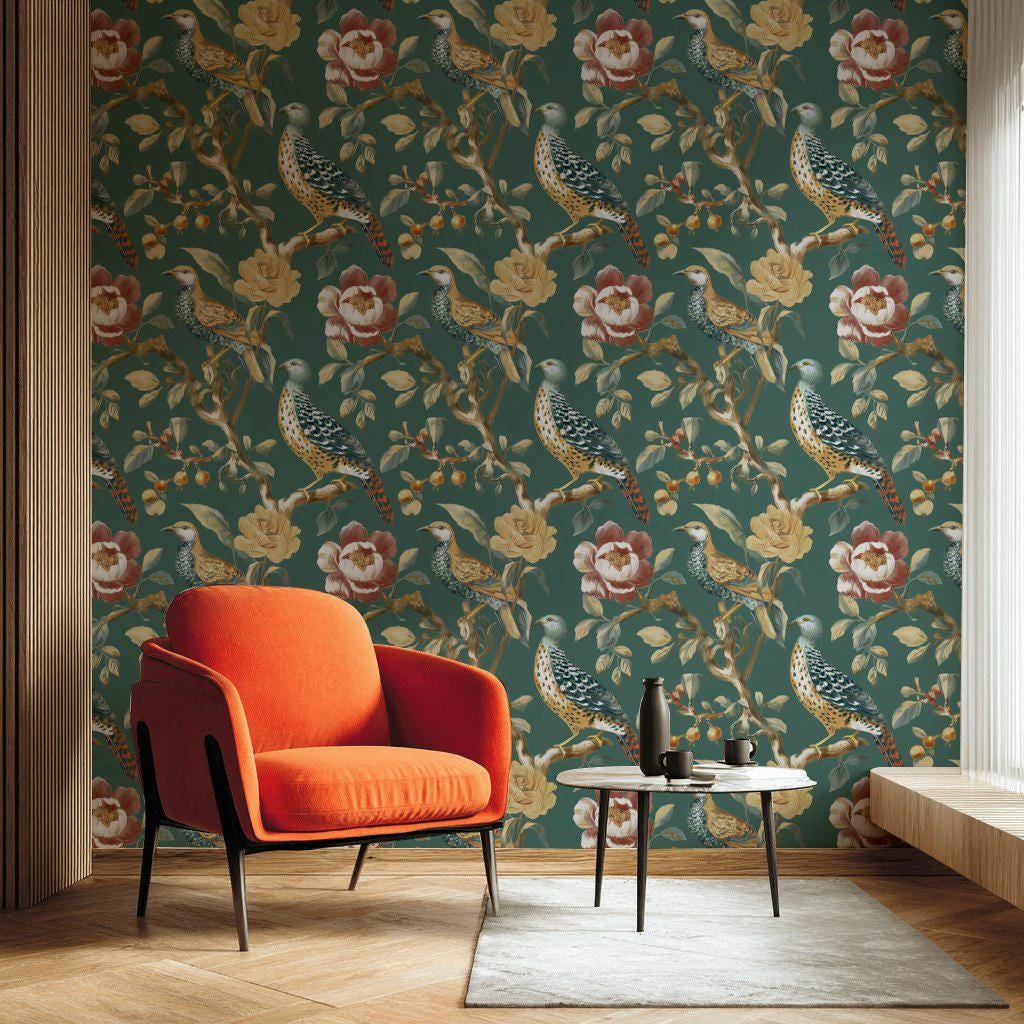 Chinoiserie Bird Wallpaper: Dark Green Floral Peel and Stick Mural