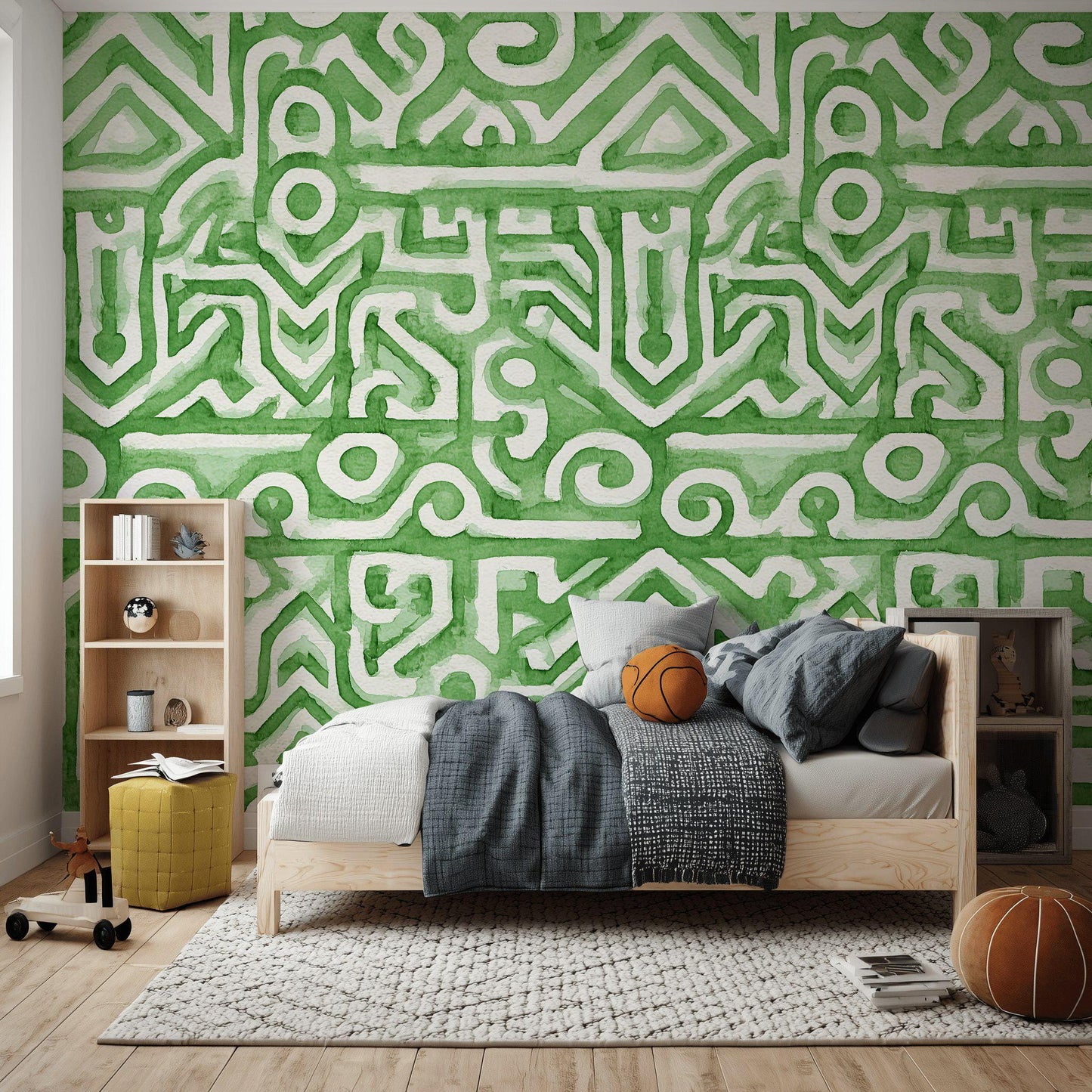Watercolor Abstract Wallpaper, Green Labyrinth Geometric Wall Mural, Modern Peel and Stick Wall Decor