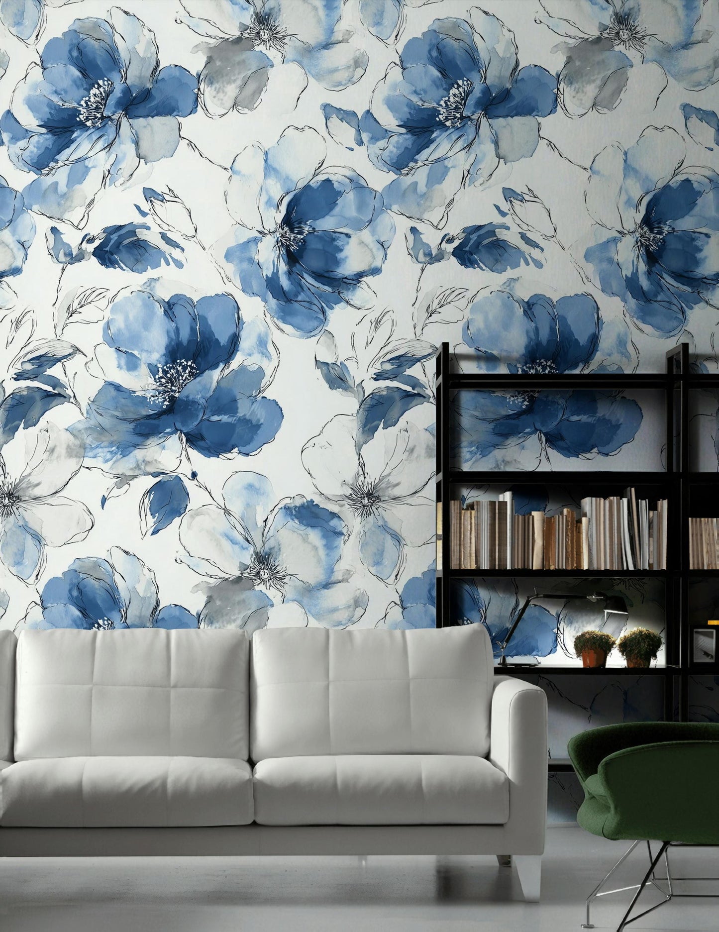 Blue Watercolor Peony Wallpaper: Abstract Floral Peel and Stick Wall Mural