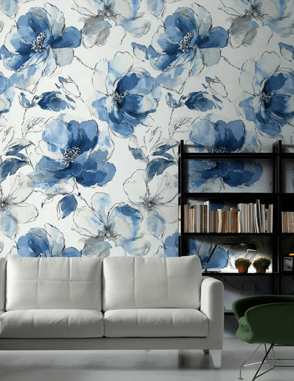 Blue Watercolor Peony Wallpaper: Abstract Floral Peel and Stick Wall Mural