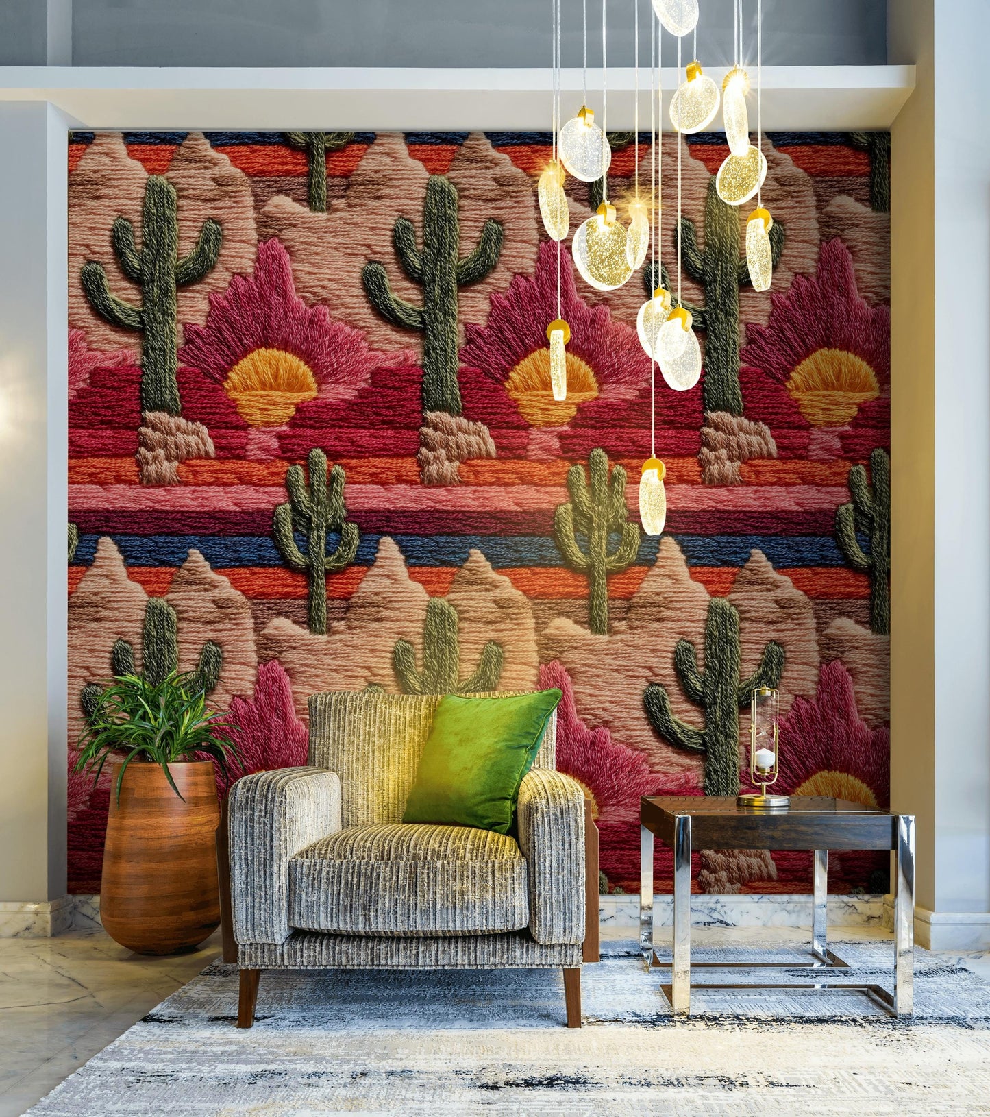 Embroidered Desert Landscape Wallpaper | Southwestern Wall Mural | Boho Peel and Stick Decor