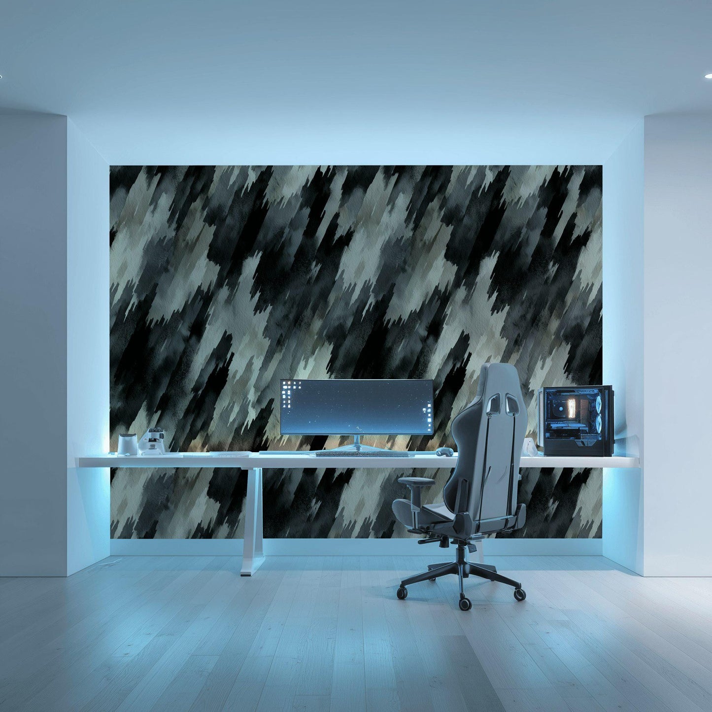 Abstract Diagonal Brushstroke Wallpaper, Black Gray Watercolor Peel & Stick or Unpasted Vertical Wall Mural