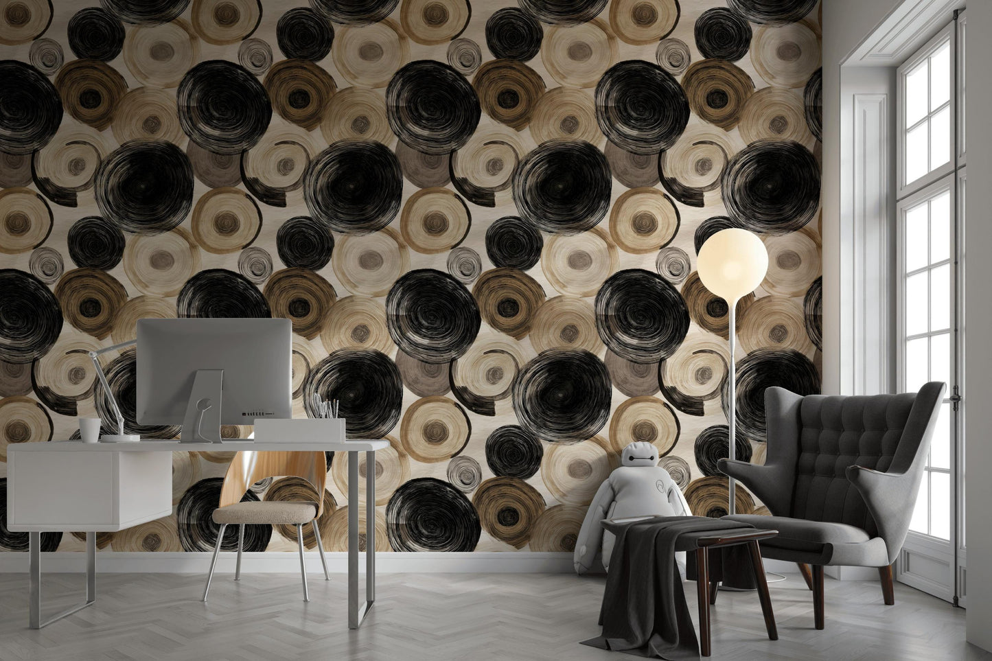 Abstract Swirl Wallpaper Mural: Black Espresso Circles, Hand-Painted Art (Peel & Stick or Unpasted)