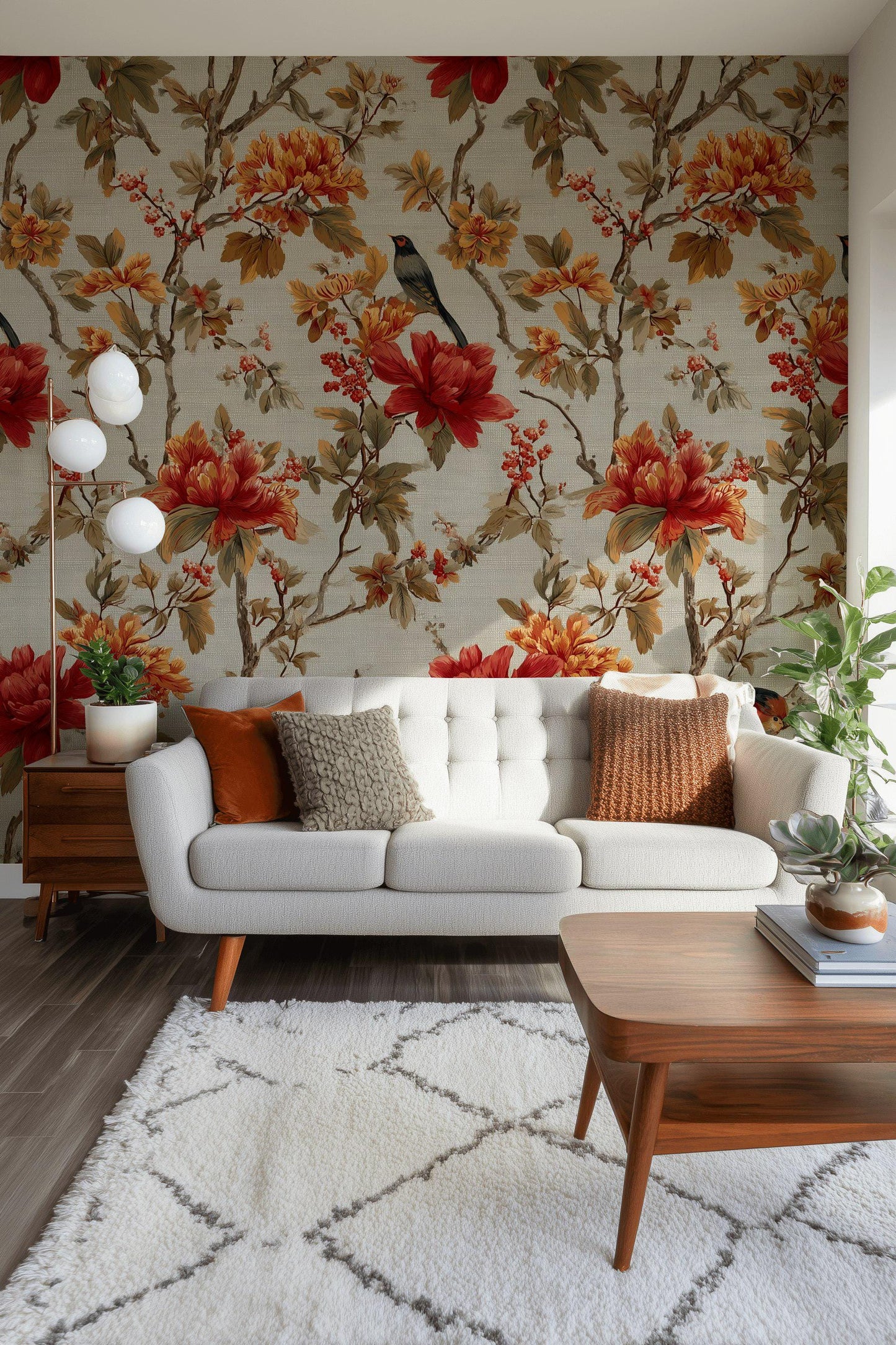Chinoiserie Peel and Stick Wallpaper Mural: Bird & Floral Wall Decor