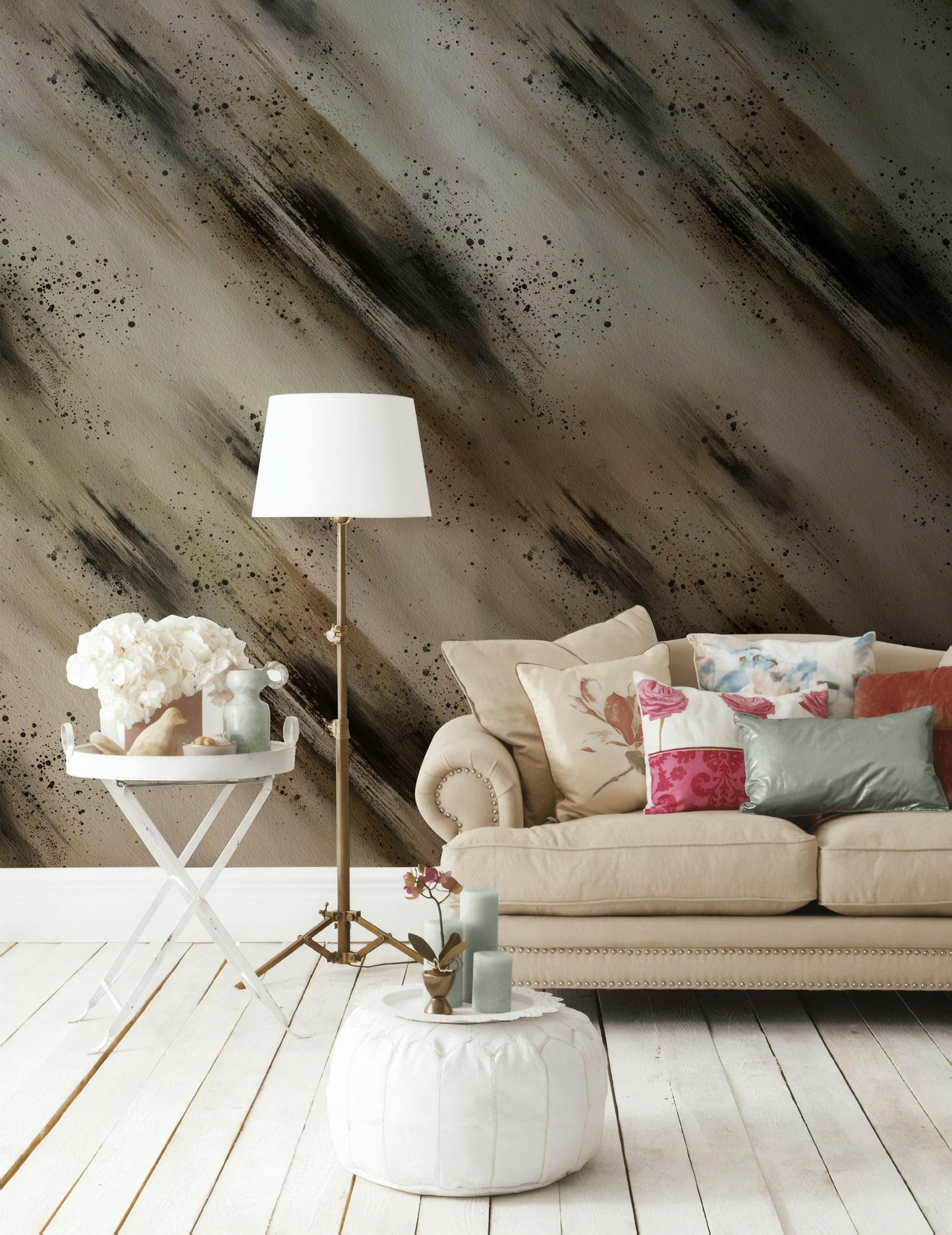 Abstract Brush Stroke Peel and Stick Wallpaper: Neutral Ink Wash Mural