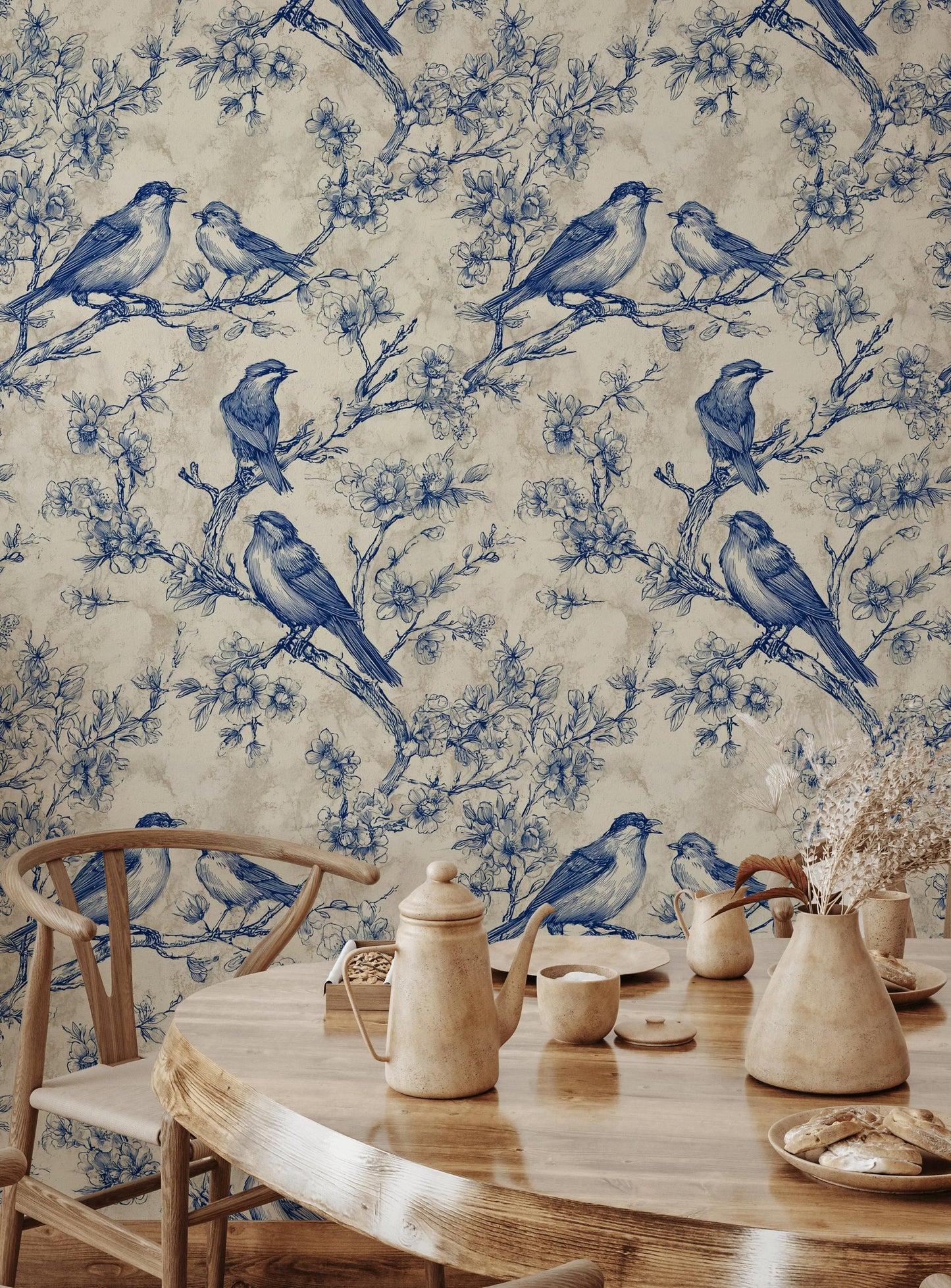 Chinoiserie Bird & Branch Wallpaper | Toile Style Wall Mural | Blue Botanical Peel and Stick Decor
