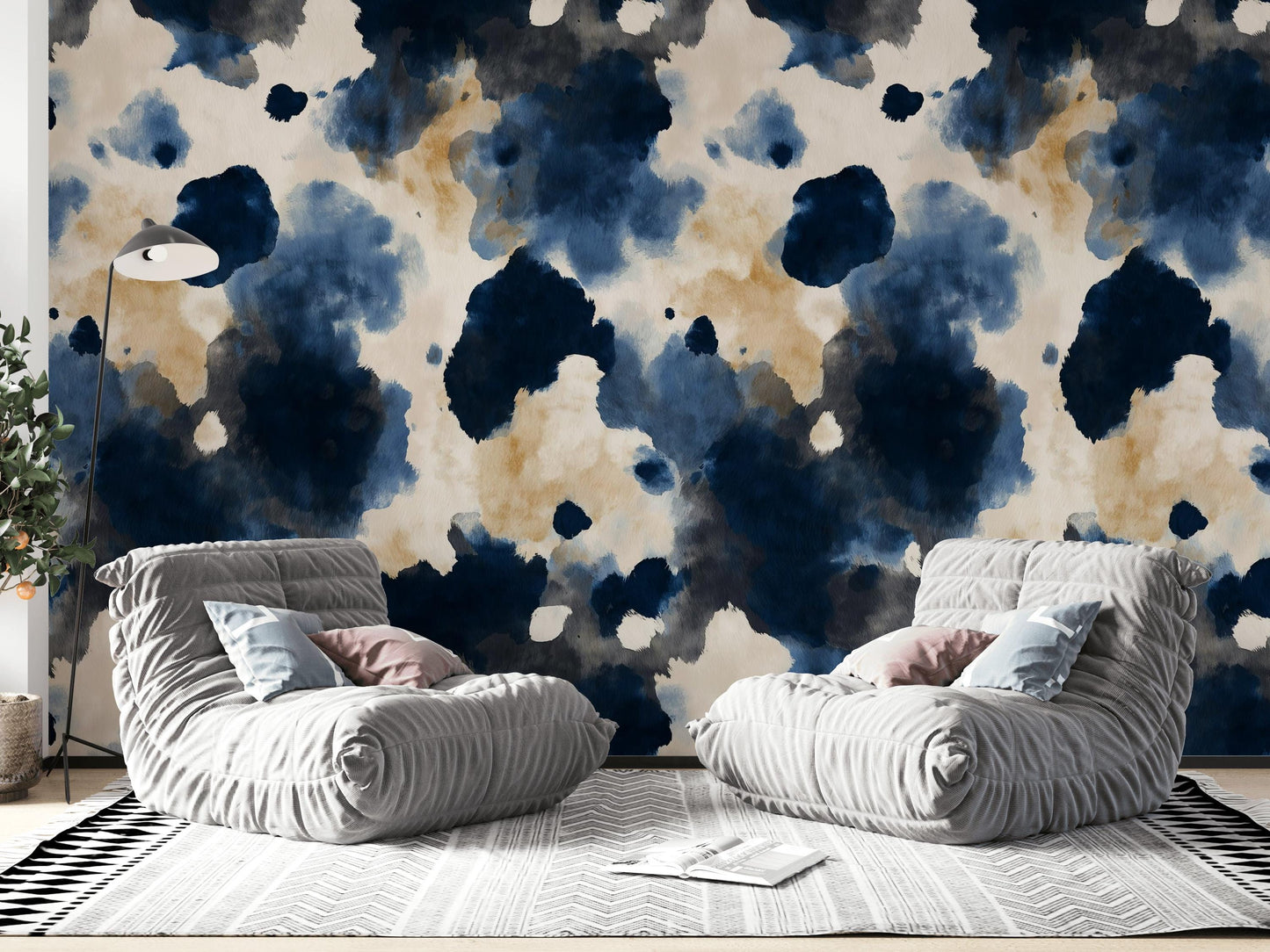 Abstract Cow Print Wallpaper Mural: Navy, Beige, Cream Peel and Stick
