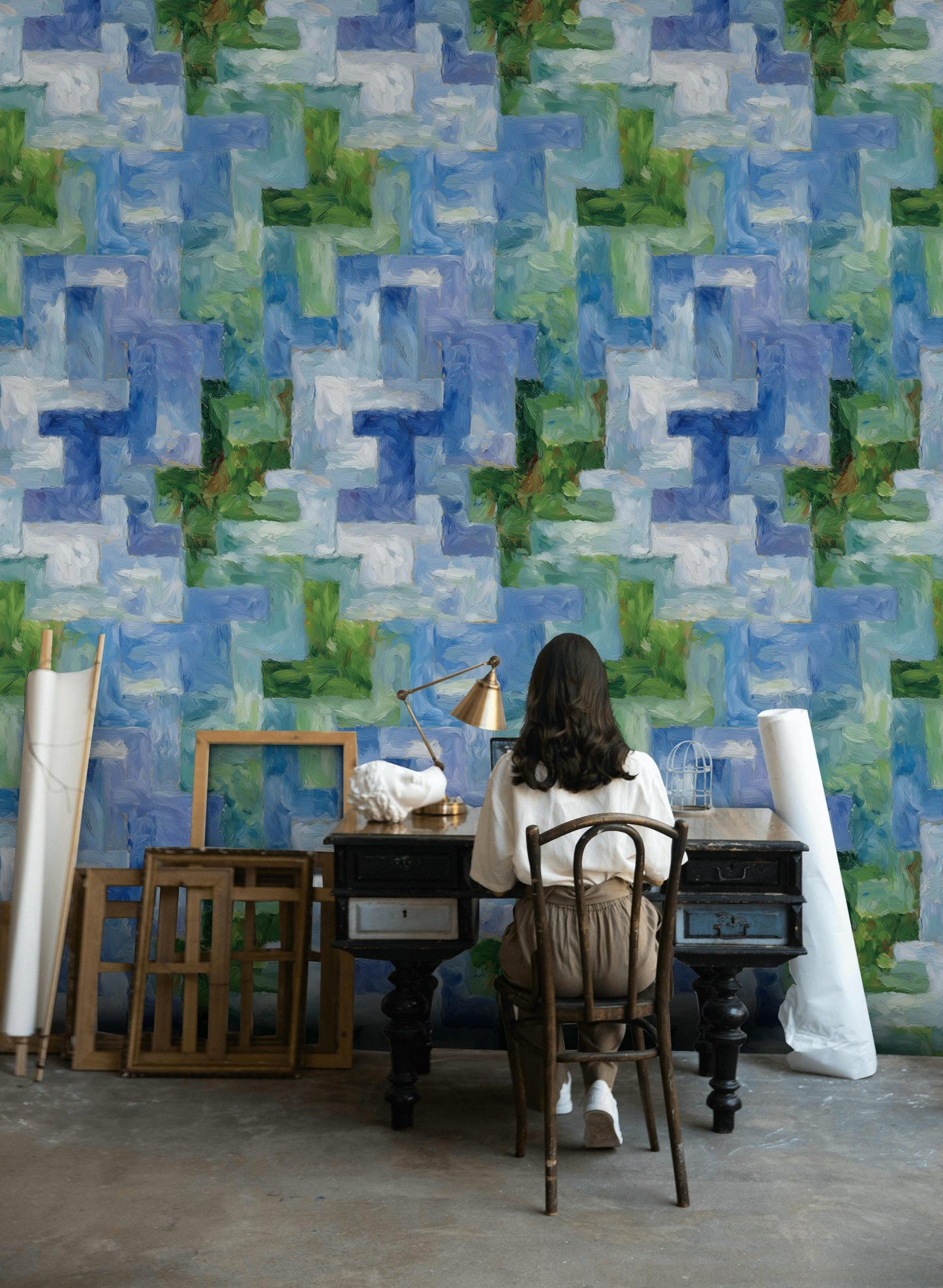 Monet Style Impressionist Mural, Textured Blue Green Block Wallpaper, Vertical Peel & Stick Art Panel