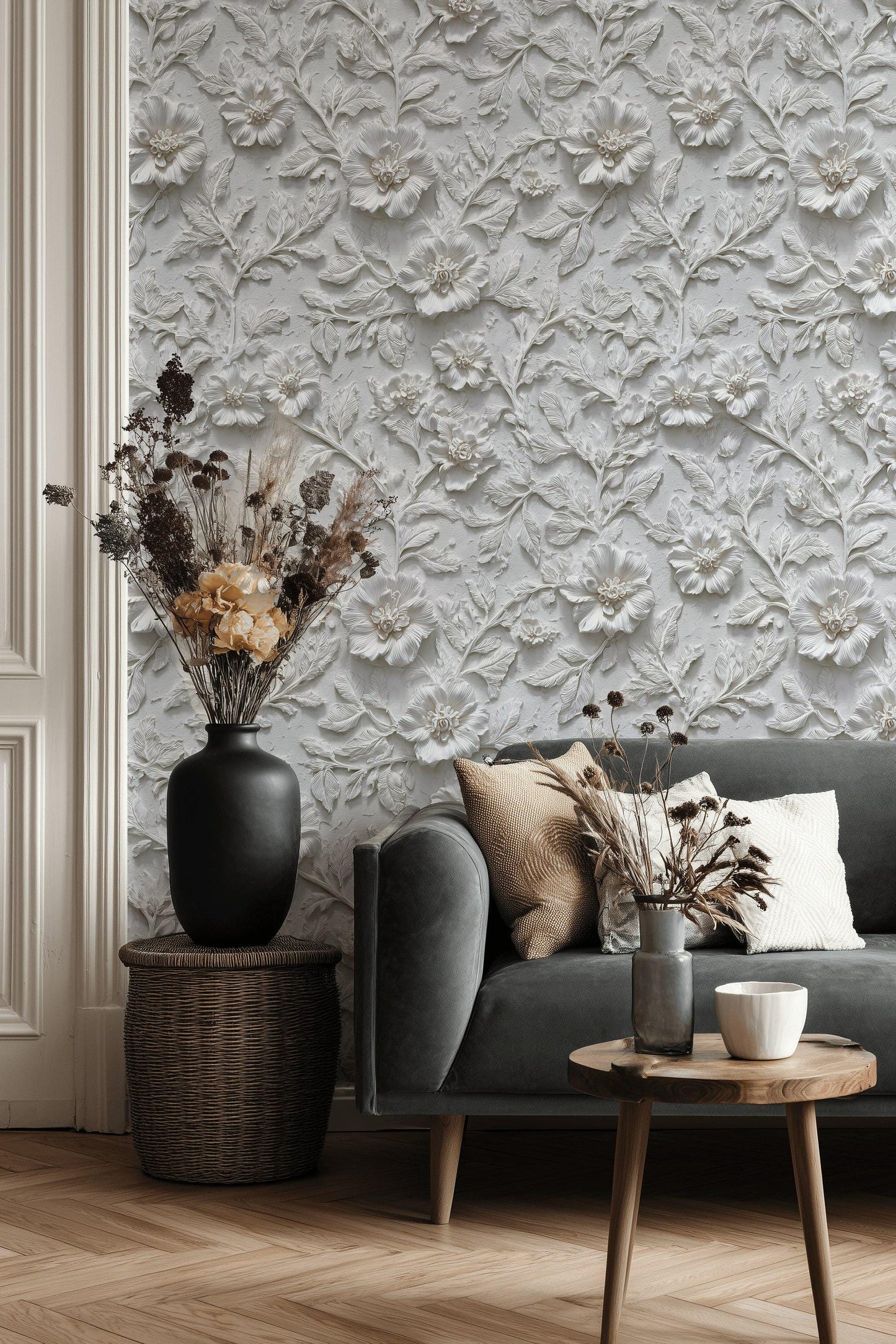 Embossed 3D Floral Wallpaper, White Textured Wall Mural, Peel and Stick Minimalist Decor