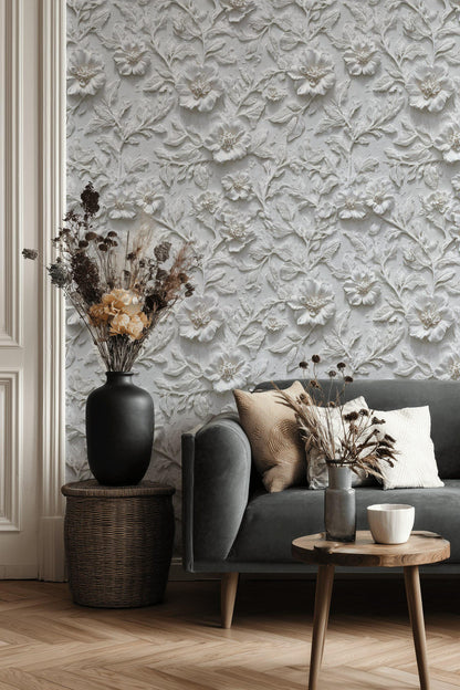 Floral Wallpaper with 3D Effect White Minimalist Wall Mural