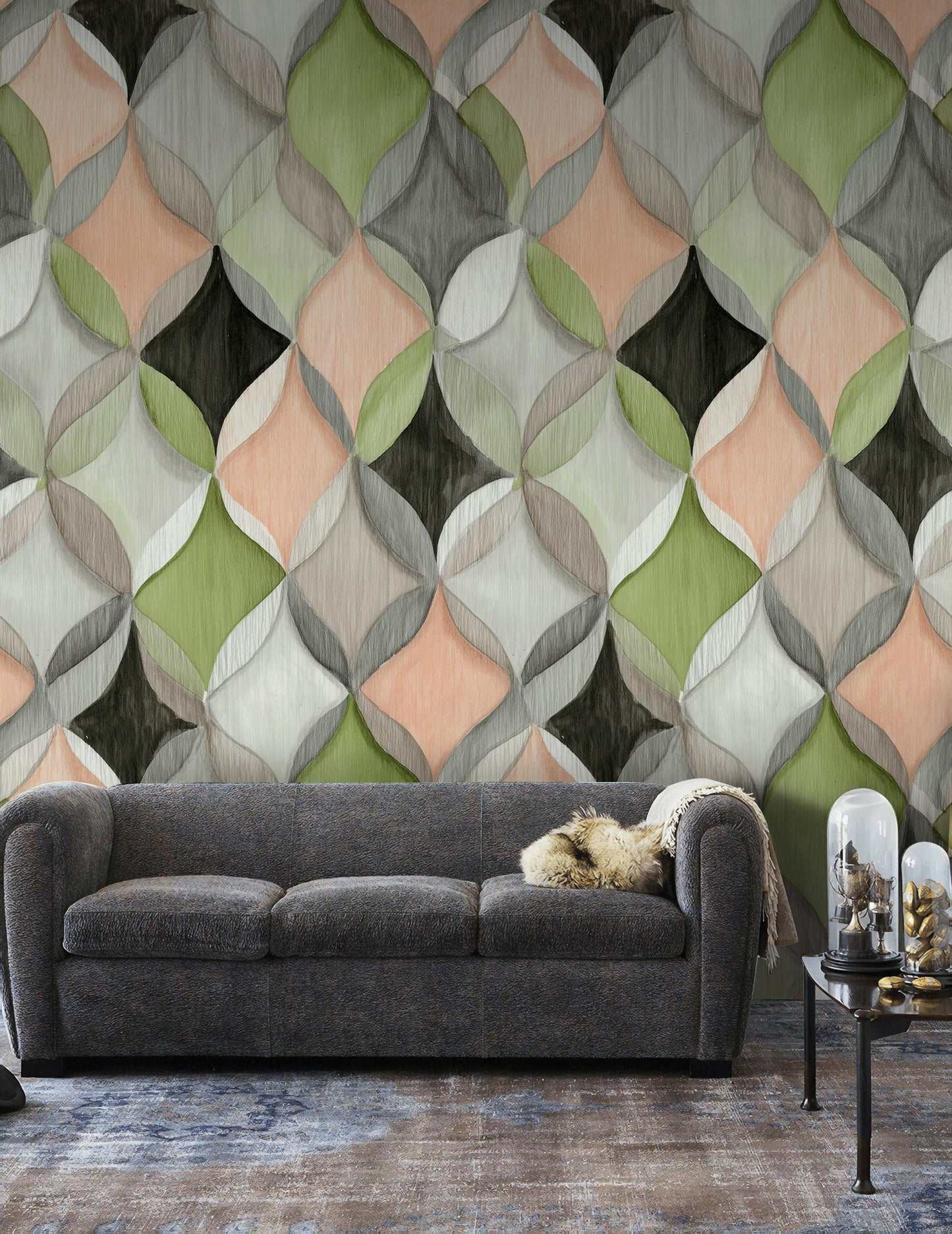 Abstract Geometric Ogee Wallpaper | Modern Interlocking Pattern Wall Mural | Pastel Peel and Stick Decor