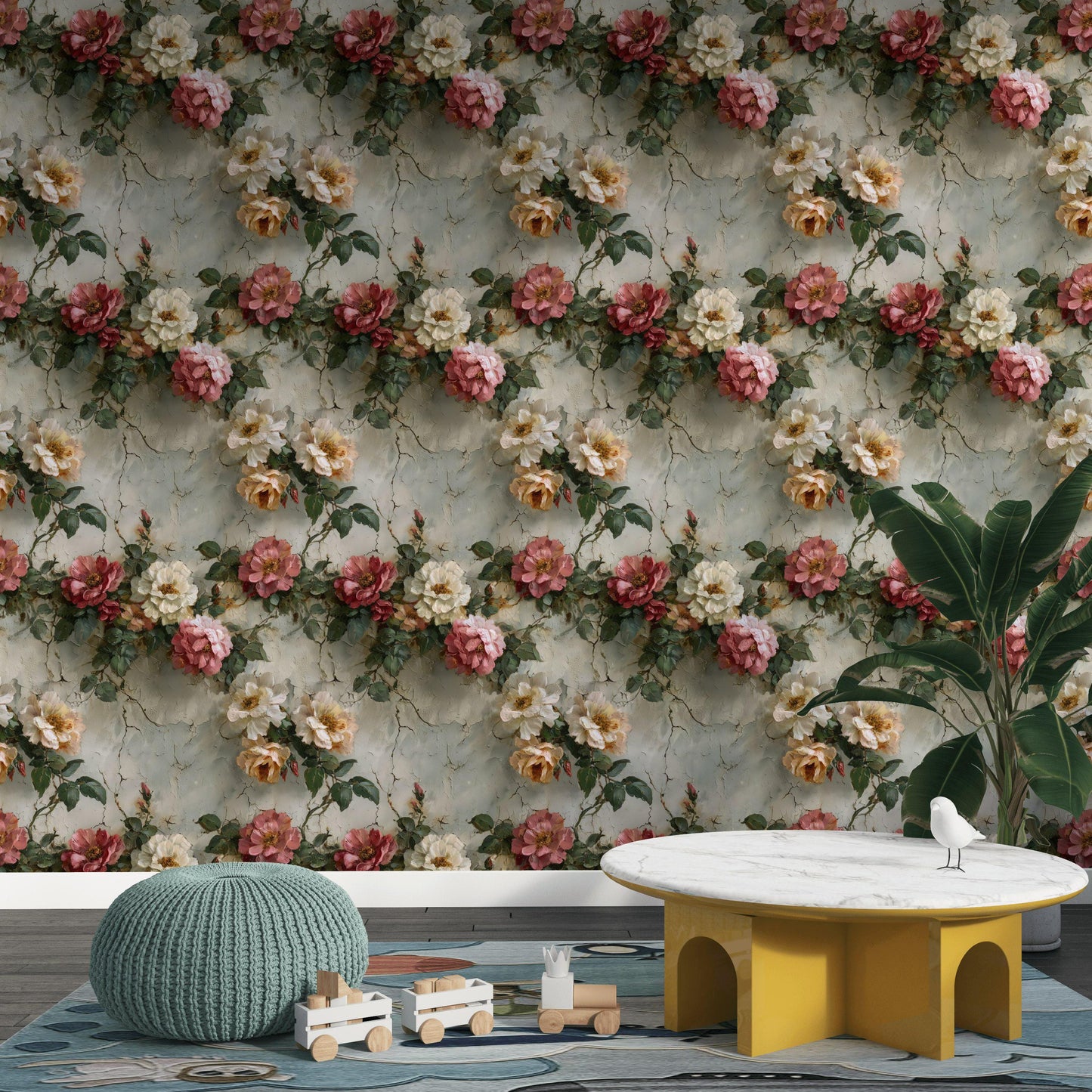 Rose Mural Wallpaper: Shabby Chic Crackle Effect (Peel & Stick)