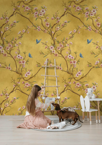 Chinoiserie Blossom Tree Wallpaper: Gold Butterfly Wall Mural, Peel & Stick