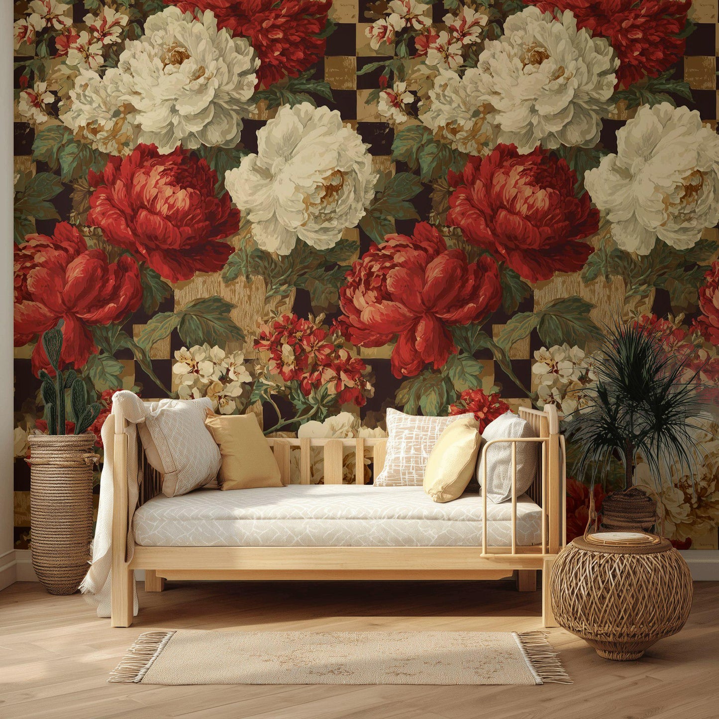 Dark Academia Floral Wallpaper: Vintage Checkered Peel and Stick Mural