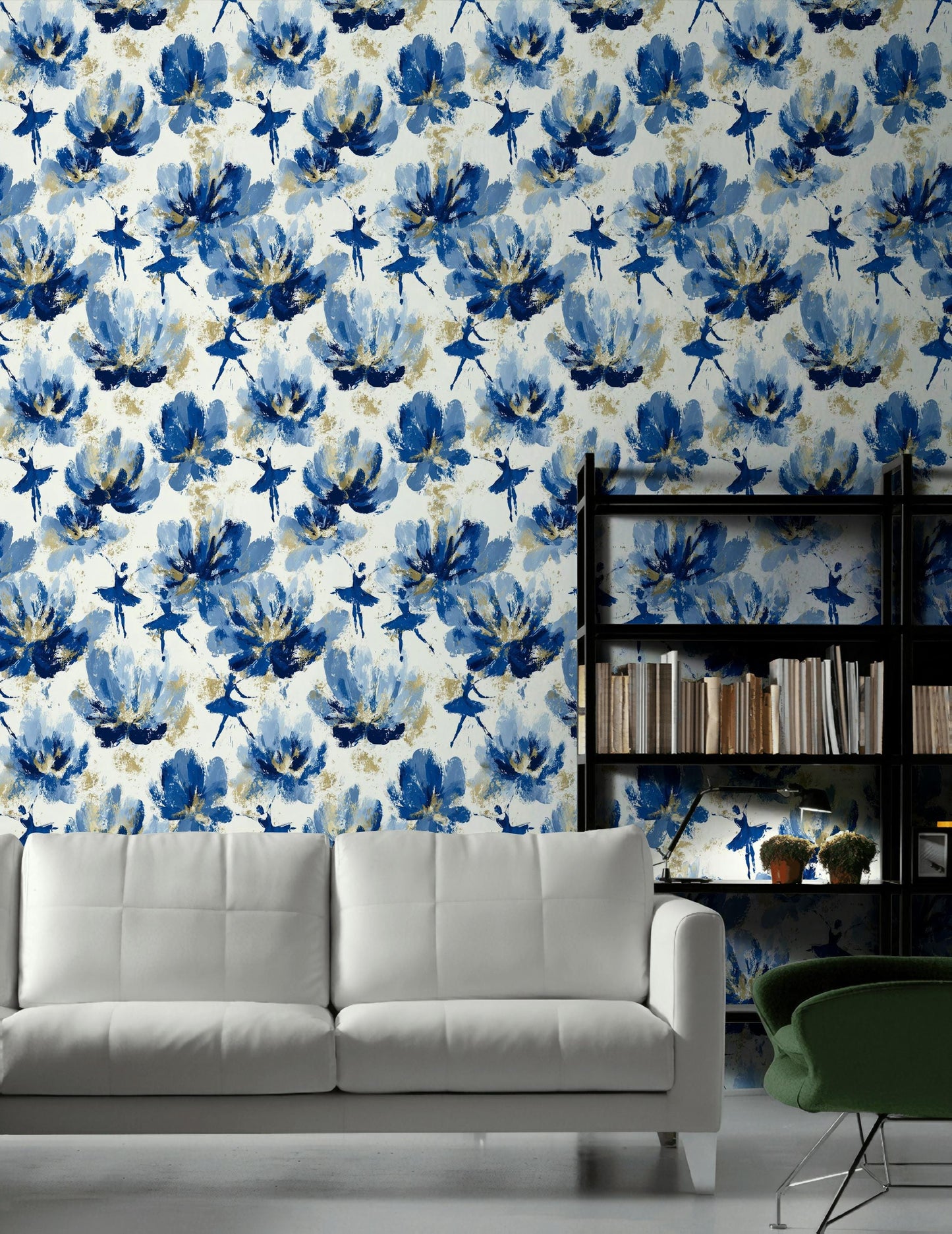 Blue Ballerina Wallpaper, Gold Accented Abstract Floral Mural, Peel & Stick or Unpasted Vertical Panel