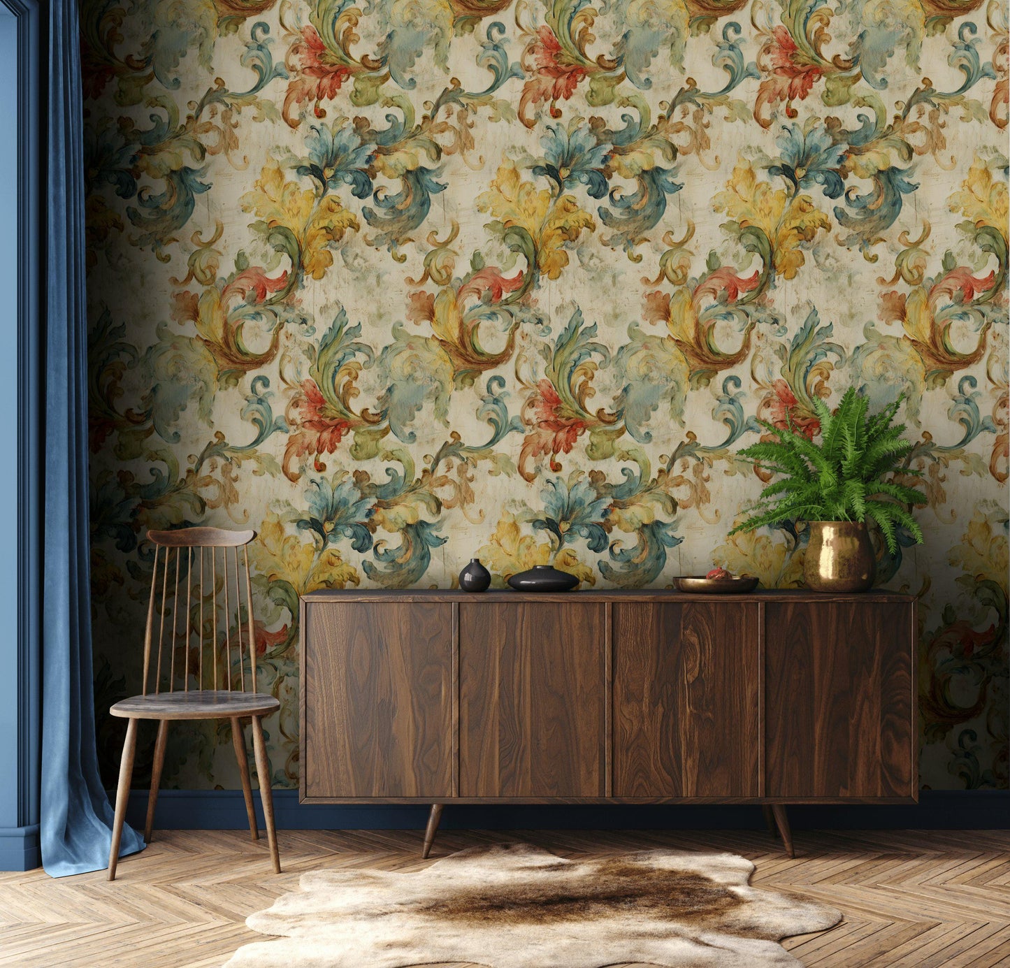 Baroque Scroll Wallpaper, Distressed Pastel Floral Mural, Peel & Stick or Unpasted Vintage Panel