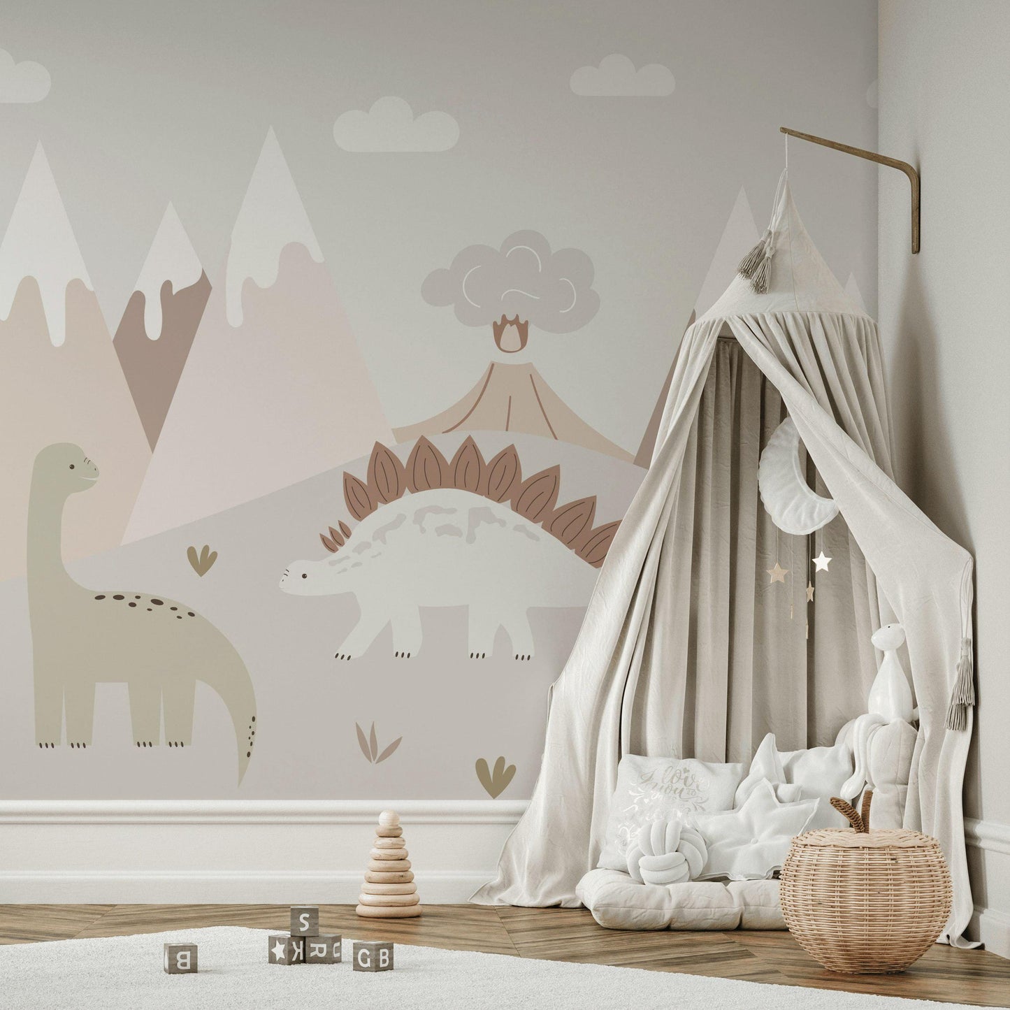 Minimalist Dinosaur Wallpaper, Neutral Dino Wall Mural, Boho Peel and Stick Nursery Decor