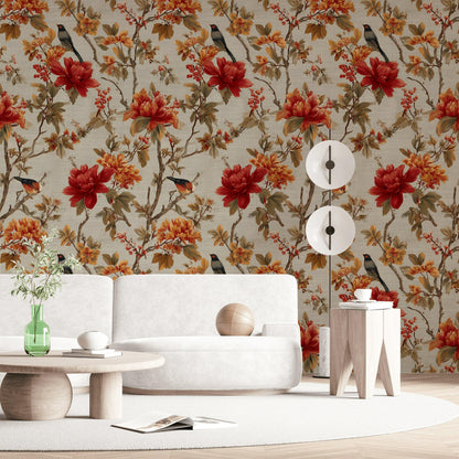 Chinoiserie Peel and Stick Wallpaper Mural: Bird & Floral Wall Decor