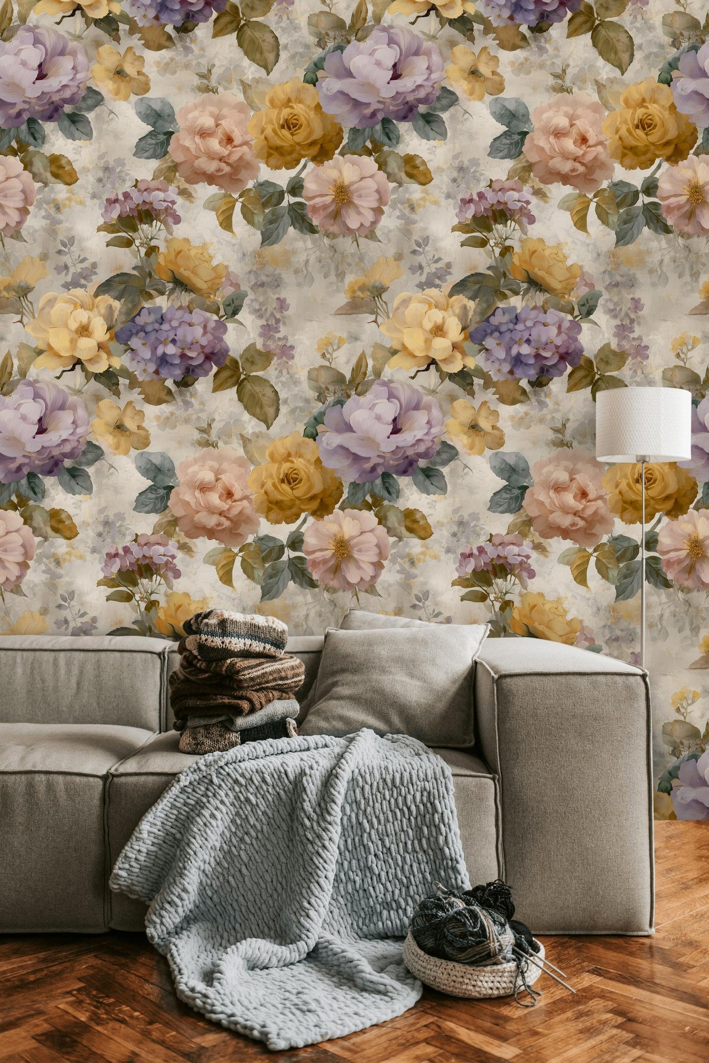 Vintage Floral Wallpaper: Pastel Rose & Peony Shabby Chic Peel and Stick Wall Mural