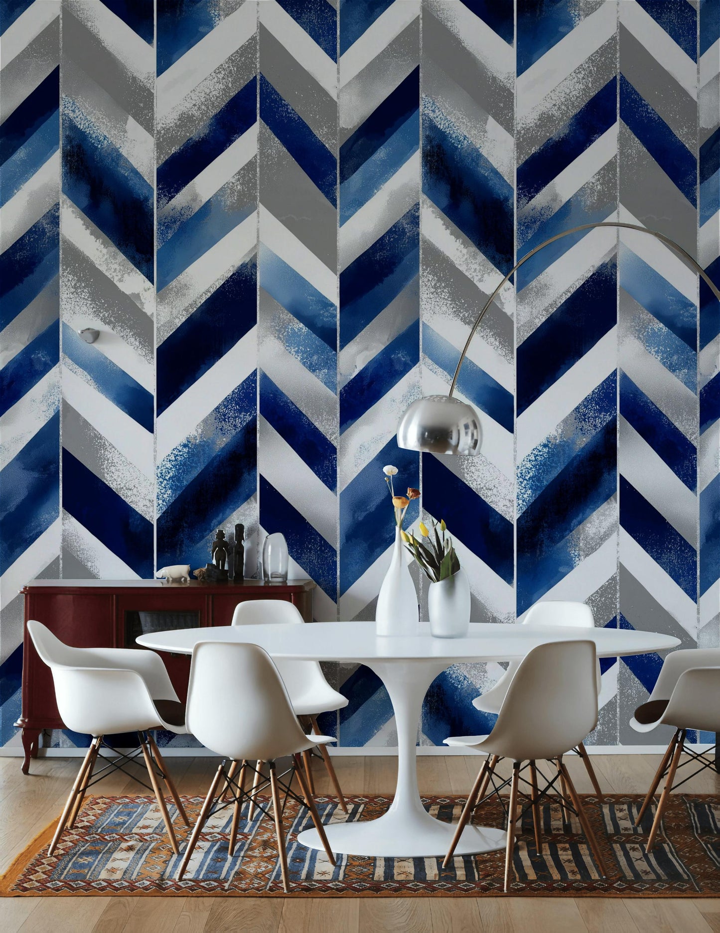 Abstract Blue Gray Chevron Wallpaper | Modern Geometric Wall Mural | Indigo Peel and Stick Decor