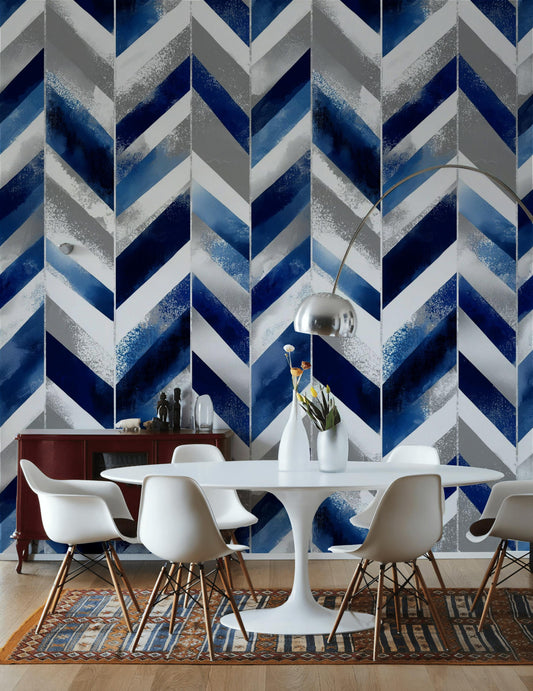 Abstract Blue Gray Chevron Wallpaper | Modern Geometric Wall Mural | Indigo Peel and Stick Decor