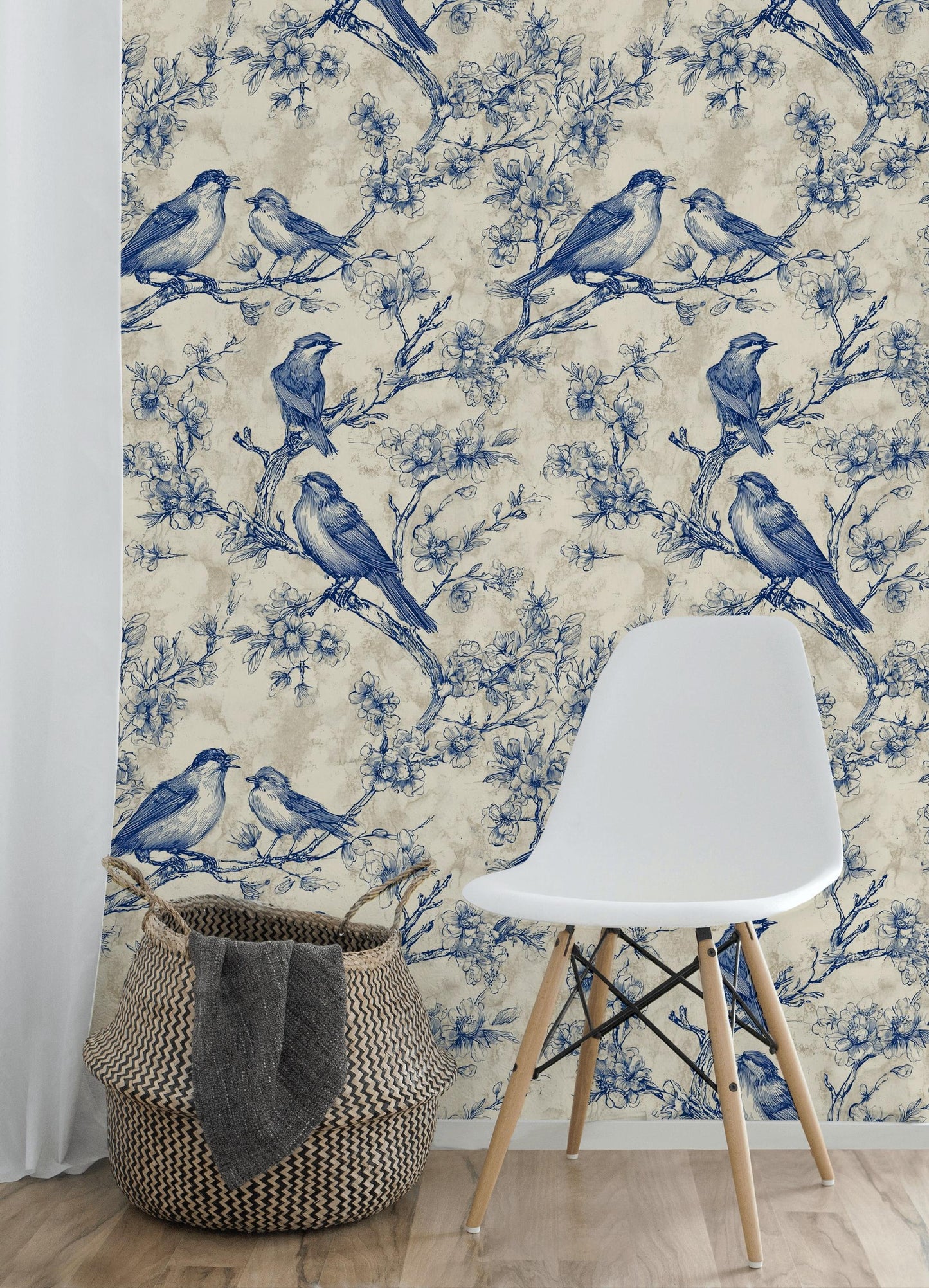 Chinoiserie Bird & Branch Wallpaper | Toile Style Wall Mural | Blue Botanical Peel and Stick Decor