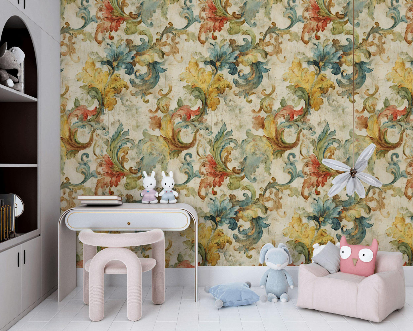 Baroque Scroll Wallpaper, Distressed Pastel Floral Mural, Peel & Stick or Unpasted Vintage Panel