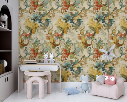 Baroque Scroll Wallpaper, Distressed Pastel Floral Mural, Peel & Stick or Unpasted Vintage Panel