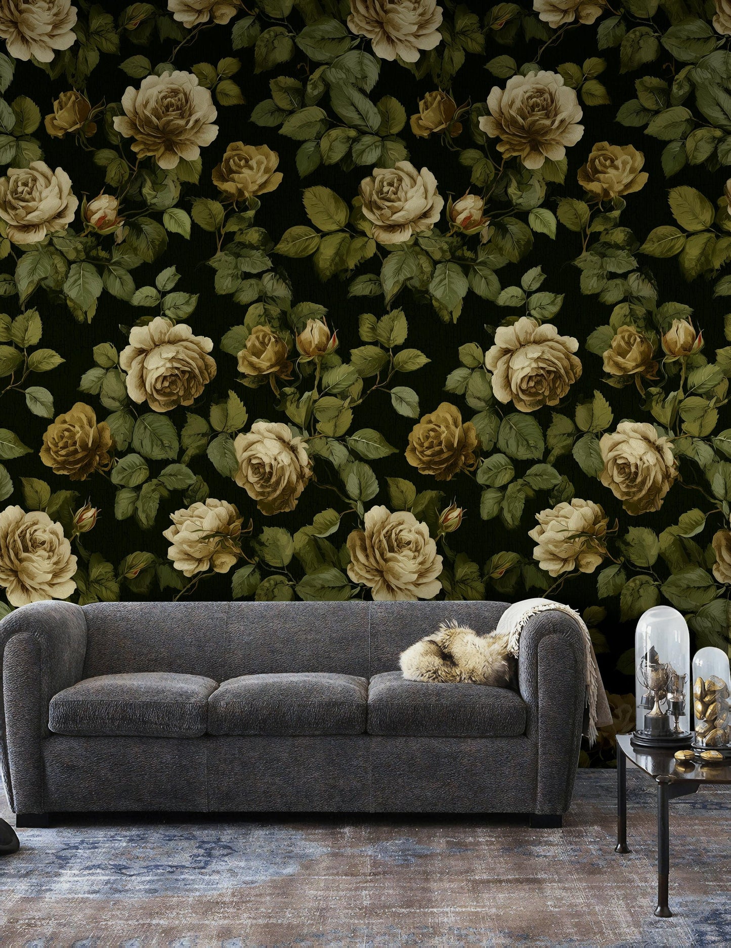Dark Floral Wallpaper Mural: Vintage Roses, Peel and Stick
