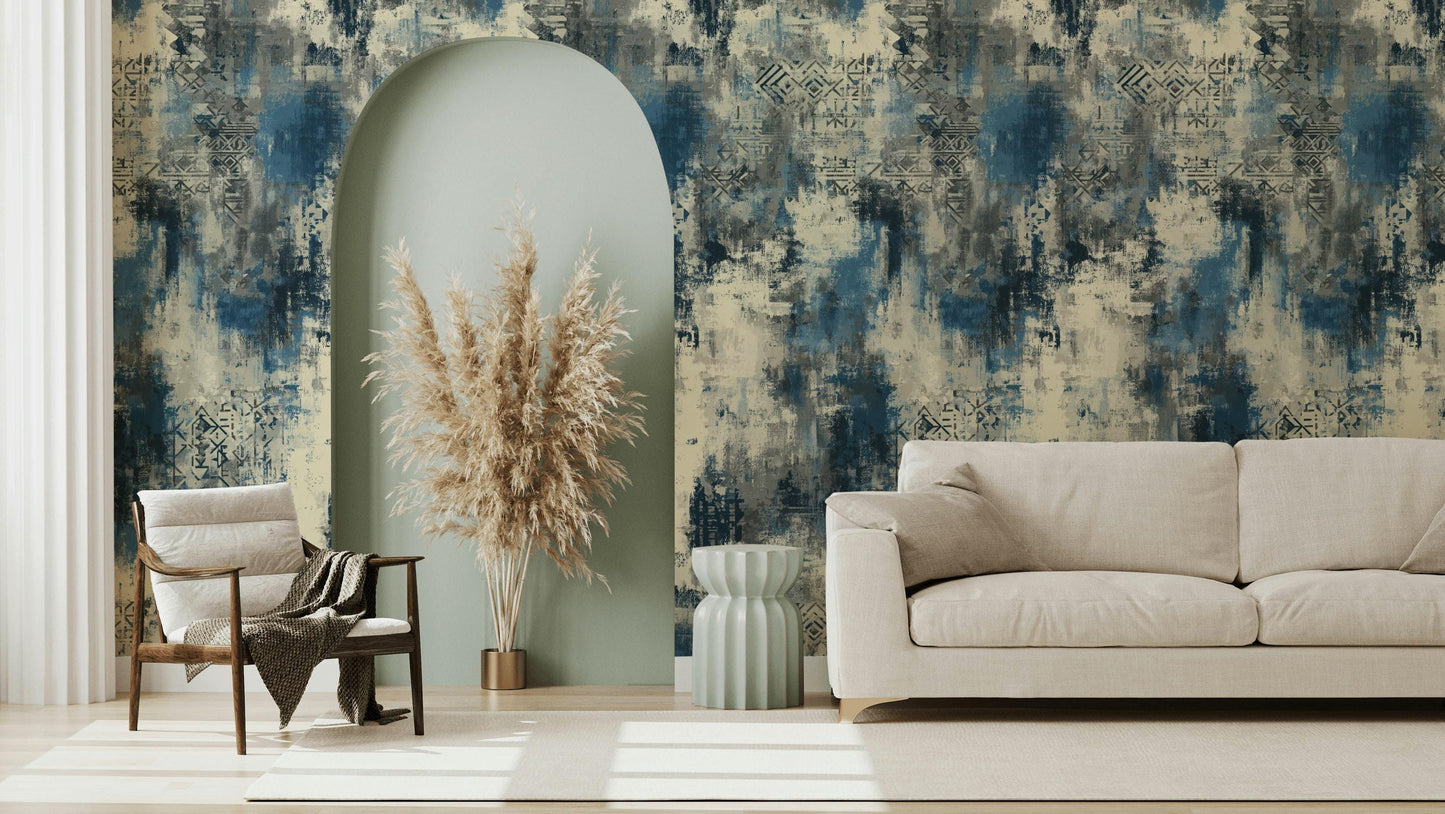 Abstract Blue Grey Wallpaper | Distressed Industrial Wall Mural | Modern Urban Peel and Stick Decor