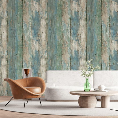 Coastal Blue Wood Plank Wallpaper: Shabby Chic Peel and Stick Mural
