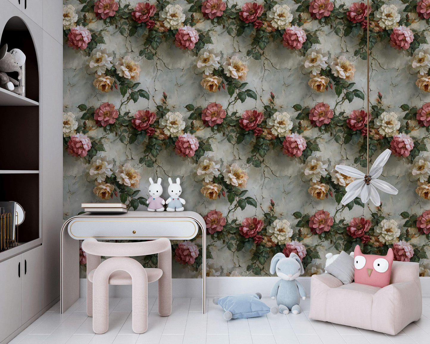 Rose Mural Wallpaper: Shabby Chic Crackle Effect (Peel & Stick)