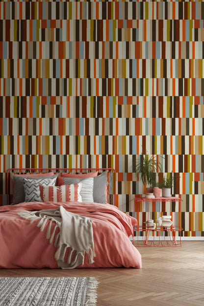 Mid-Century Modern Wallpaper, Retro Color Blocks Vertical Stripe Mural, Peel & Stick or Unpasted Panel