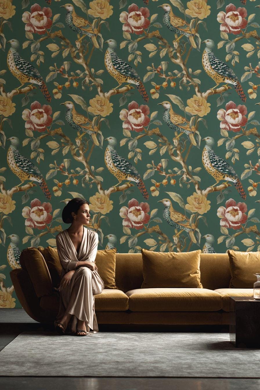 Chinoiserie Bird Wallpaper: Dark Green Floral Peel and Stick Mural