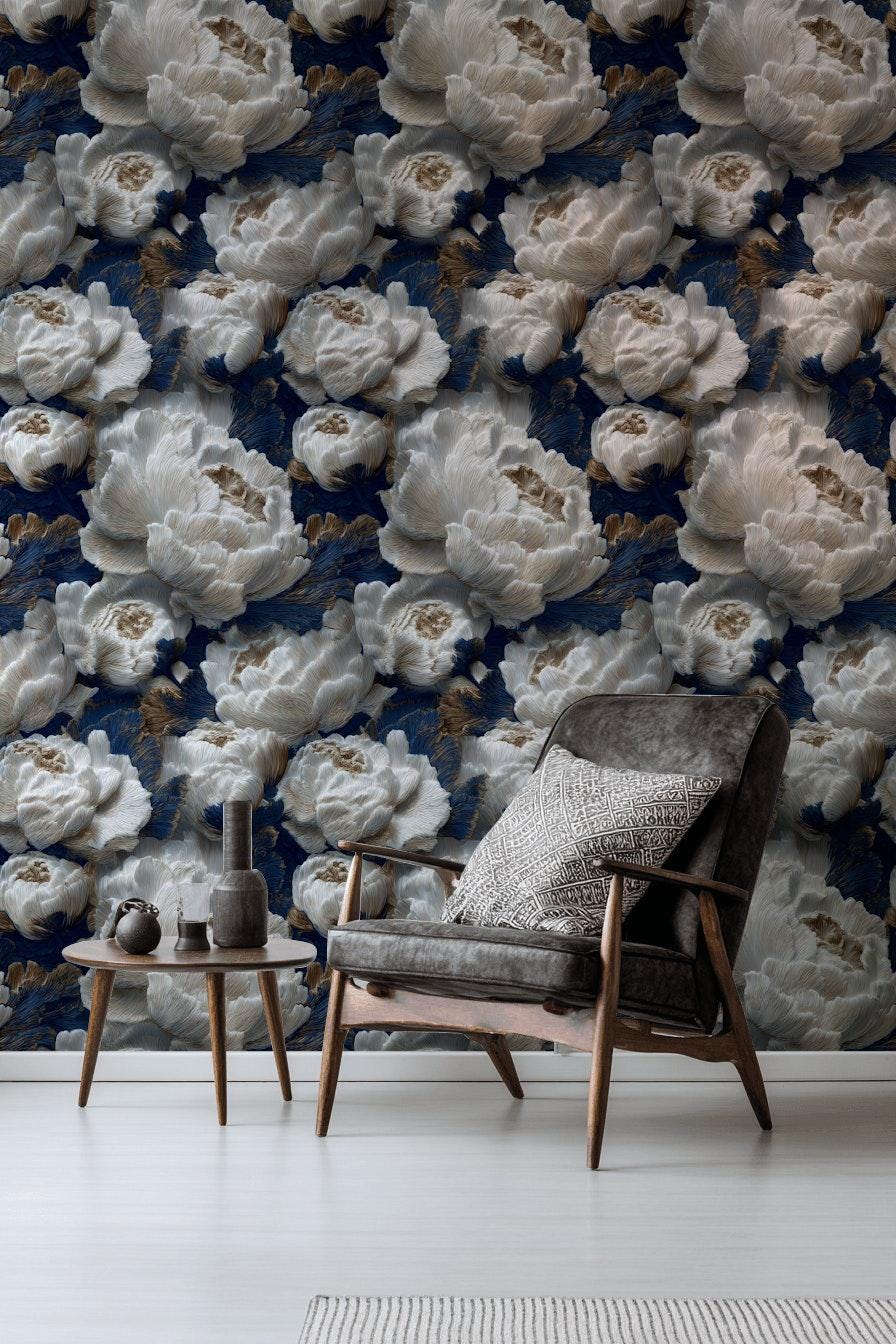 Textured Peony Flower Wallpaper: Navy Blue & Gold Glam Mural