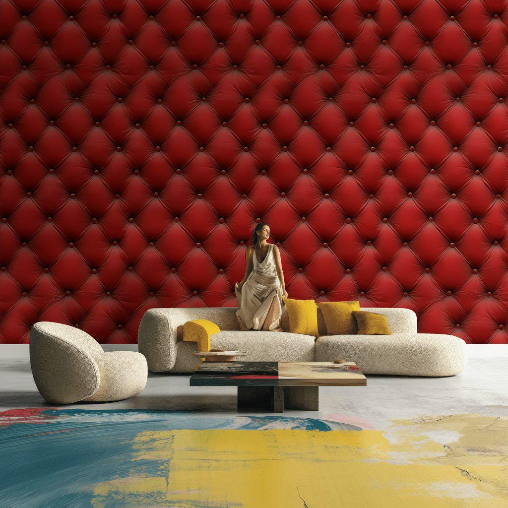 Red Tufted Texture Wallpaper, Chesterfield 3D Effect Vertical Panel, Peel & Stick or Unpasted Mural