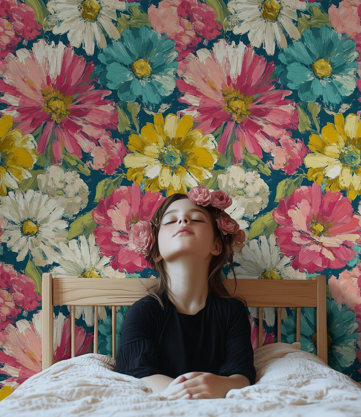 Teal & Pink Floral Wallpaper Mural: Impasto Texture, Peel and Stick