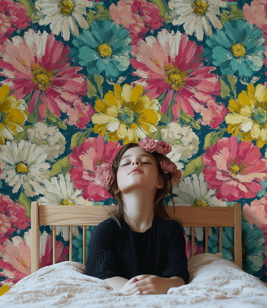 Teal & Pink Floral Wallpaper Mural: Impasto Texture, Peel and Stick