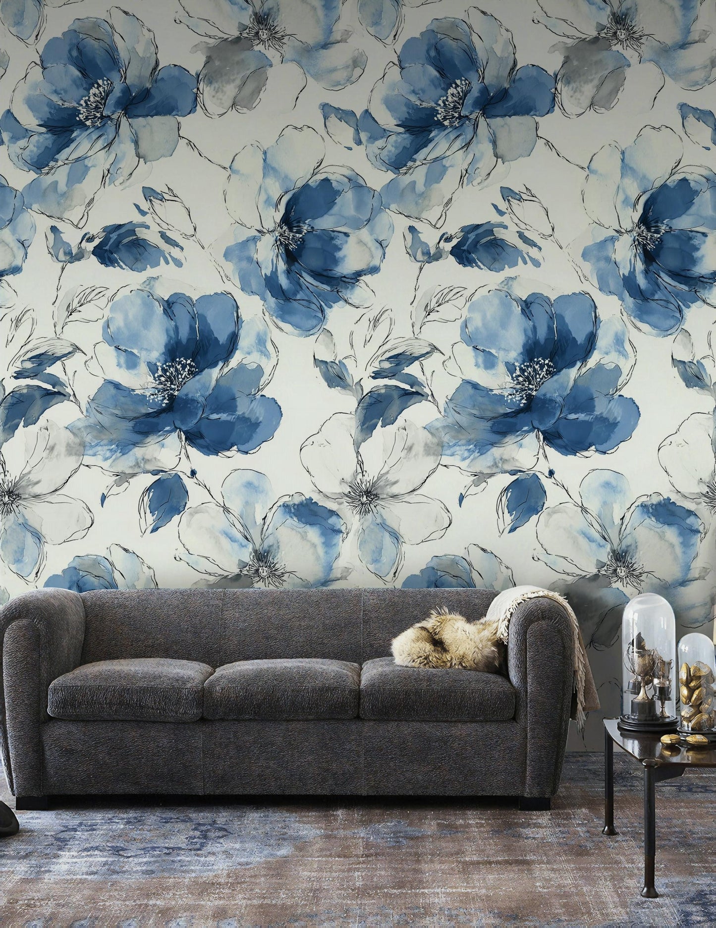 Blue Watercolor Peony Wallpaper: Abstract Floral Peel and Stick Wall Mural
