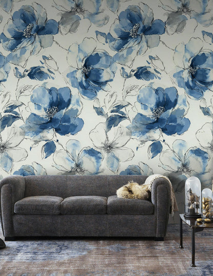 Blue Watercolor Peony Wallpaper: Abstract Floral Peel and Stick Wall Mural